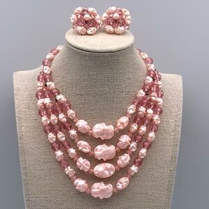 Vintage 50s Pink Beaded Multi Strand Necklace With Matching Clip On Earrings